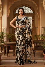 Load image into Gallery viewer, Satin Silk Printed Saree With Unstitched Blouse(Black)