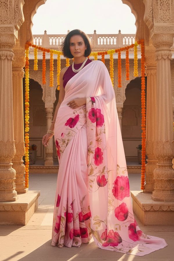 Satin silk printed saree with unstitched blouse(pink)