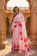 Load image into Gallery viewer, Satin Silk Printed Saree With Unstitched Blouse(Pink)