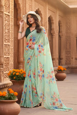 Load image into Gallery viewer, Georgette Printed saree With Unstitched Blouse(Pista)