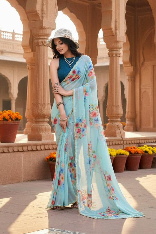 Georgette printed saree with unstitched blouse(blue)