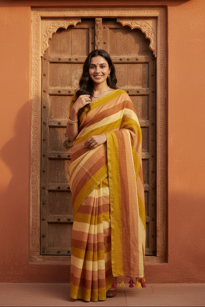 Cotton khadi saree with unstitched blouse(mustard)