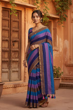 Load image into Gallery viewer, Cotton Khadi Saree With Unstitched Blouse(Blue)