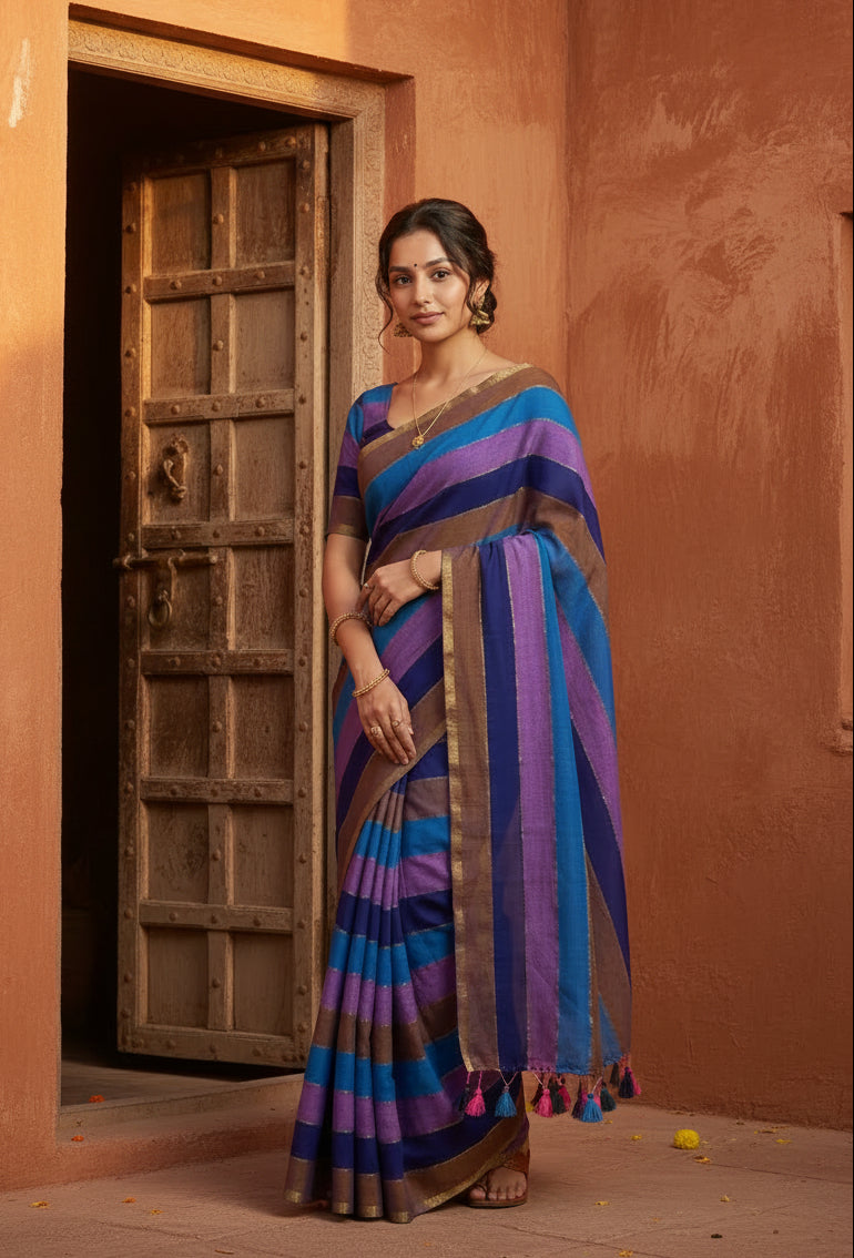 Cotton khadi saree with unstitched blouse(blue)