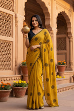 Load image into Gallery viewer, Georgette Printed Saree With Unstitched Blouse(Mustard)