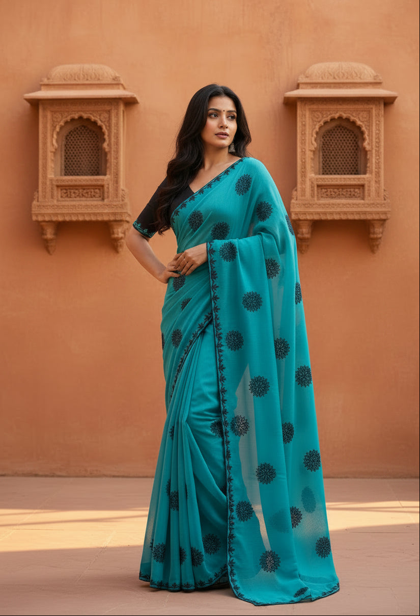 Georgette printed saree with unstitched blouse(blue)