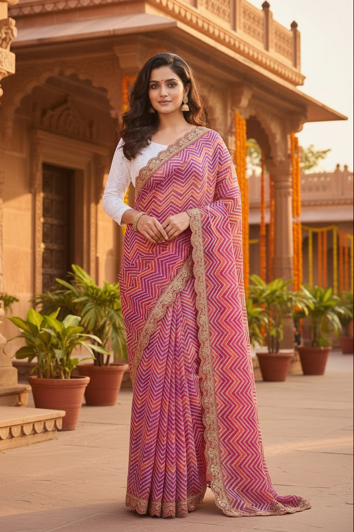 Georgette leheriya printed saree with unstitched blouse(pink)