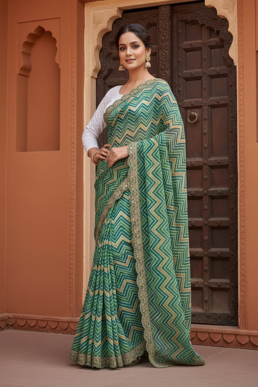 Georgette leheriya printed saree with unstitched blouse(green)