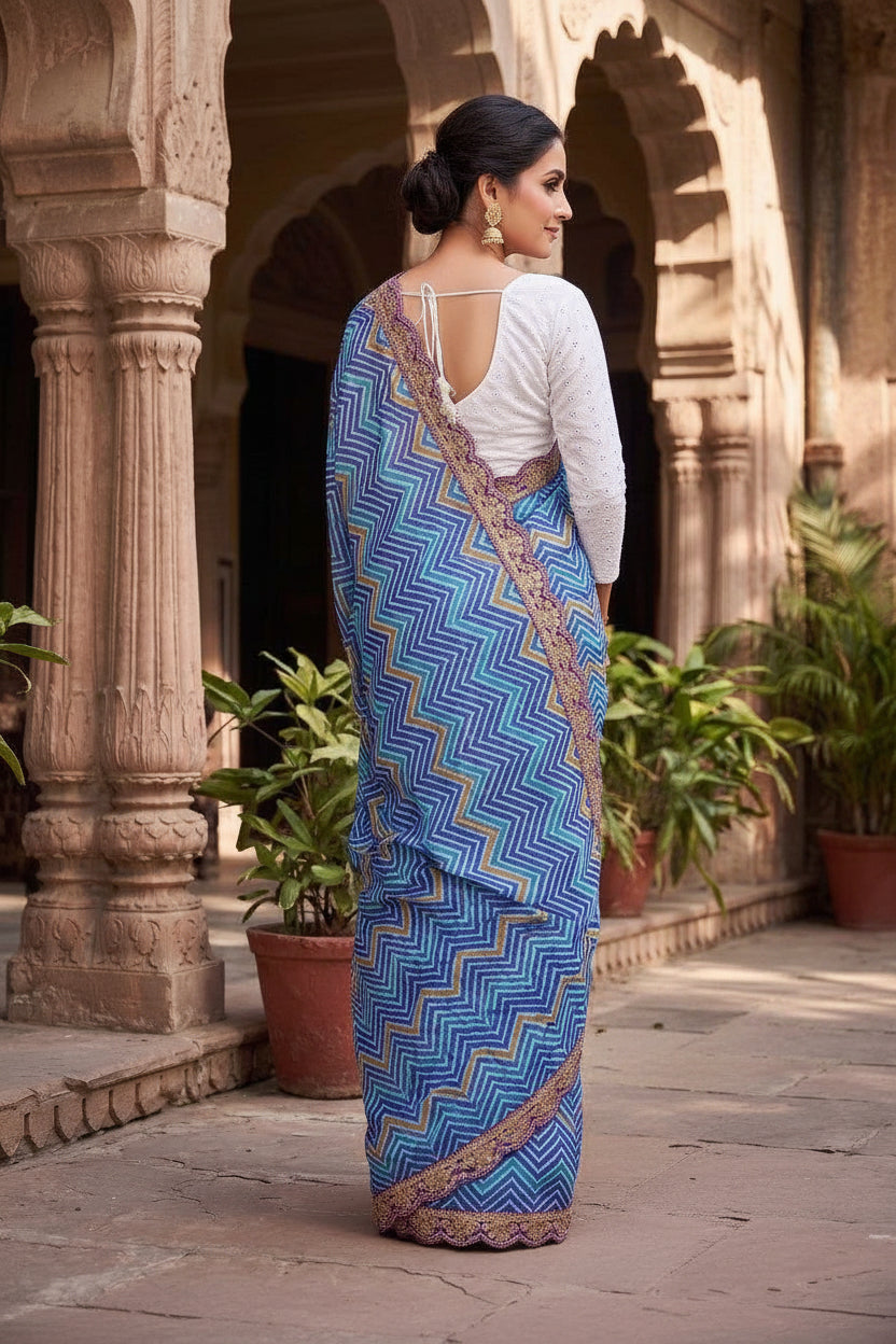 Georgette leheriya printed saree with unstitched blouse(blue)