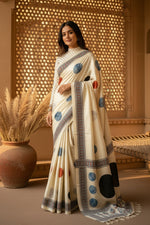Load image into Gallery viewer, Soft Gajji Silk Ajrakh Printed Saree With Unstitched Blouse(white)