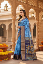 Load image into Gallery viewer, Soft Dola Cotton Kalamkari Printed Saree With Unstitched Blouse(Blue)
