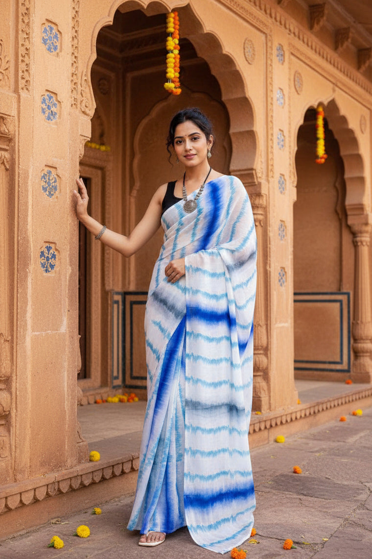 Designer georgette printed saree with unstitched blouse(light blue)