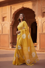 Load image into Gallery viewer, Designer Linen Printed Saree (Yellow)