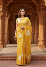 Load image into Gallery viewer, Designer Linen Printed Saree (Yellow)