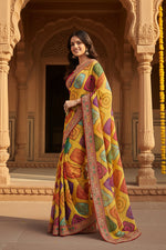 Load image into Gallery viewer, Rajwadi Bandhej Georgette Saree With Heavy Embroidery Lace Work & Unstitched Blouse(Mustard)