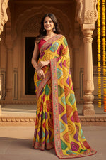 Load image into Gallery viewer, Rajwadi Bandhej Georgette Saree With Heavy Embroidery Lace Work & Unstitched Blouse(Mustard)