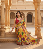 Load image into Gallery viewer, Rajwadi Bandhej Georgette Saree With Heavy Embroidery Lace Work & Unstitched Blouse(Mustard)