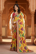 Load image into Gallery viewer, Rajwadi Bandhej Georgette Saree With Heavy Embroidery Lace Work & Unstitched Blouse(Mustard)
