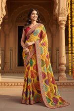 Load image into Gallery viewer, Rajwadi Bandhej Georgette Saree With Heavy Embroidery Lace Work & Unstitched Blouse(Mustard)