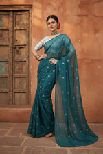 Load image into Gallery viewer, Sequence Georgette Saree With Unstitched Blouse(Green)