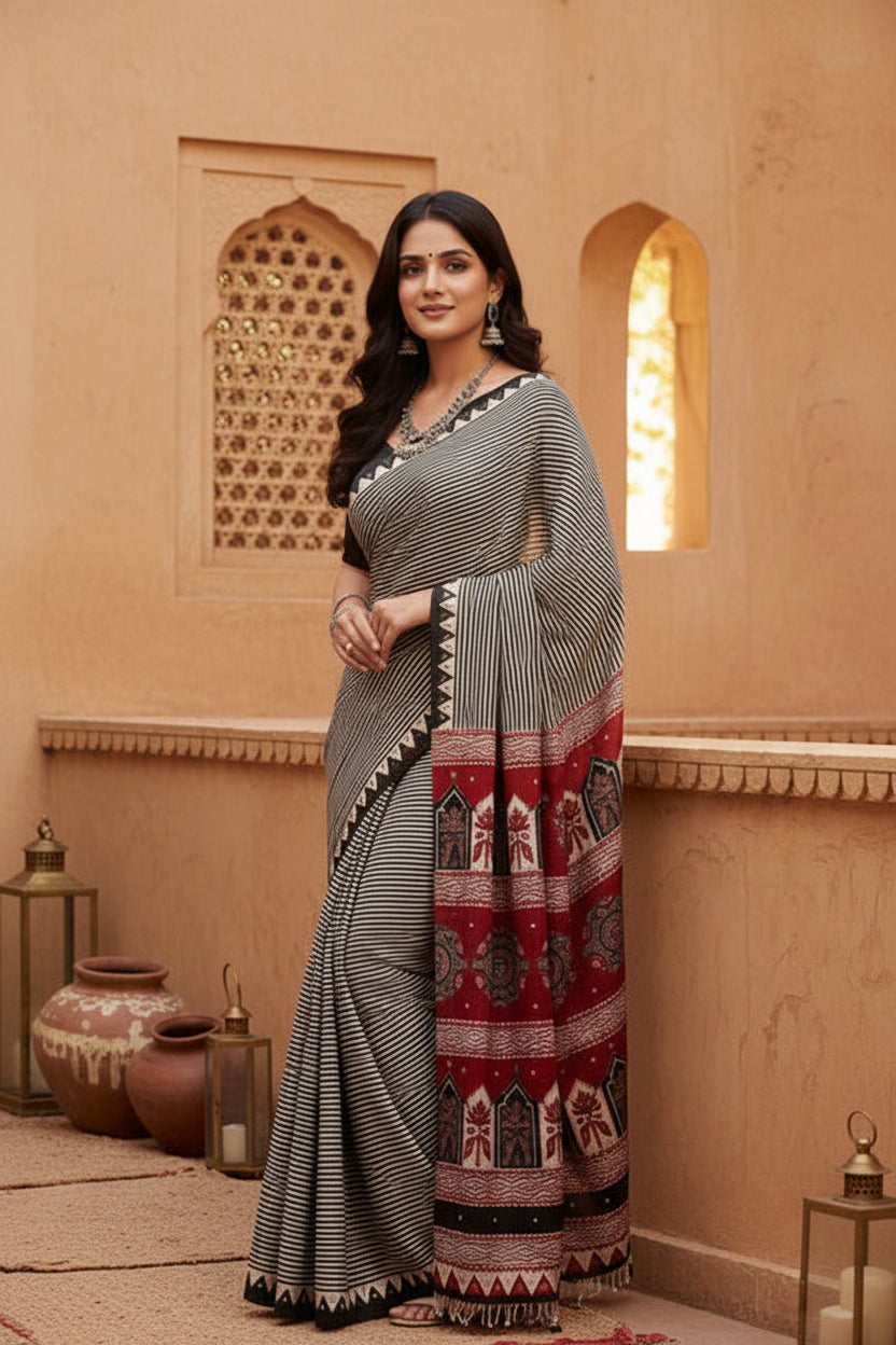 Soft satin ajarakh printed printed silk with unstitched blouse(grey)