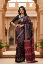 Load image into Gallery viewer, Soft Satin Ajarakh Printed Printed Silk With Unstitched Blouse(Black)