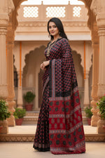 Load image into Gallery viewer, Soft Satin Ajarakh Printed Printed Silk With Unstitched Blouse(Black)