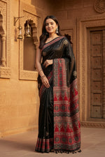 Load image into Gallery viewer, Soft Satin Ajarakh Printed Printed Silk With Unstitched Blouse(Black)
