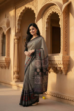 Load image into Gallery viewer, Soft Satin Ajarakh Printed Printed Silk With Unstitched Blouse(Grey)