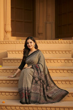 Load image into Gallery viewer, Soft Satin Ajarakh Printed Printed Silk With Unstitched Blouse(Grey)