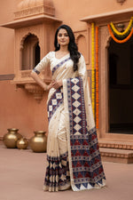 Load image into Gallery viewer, Soft Satin Ajarakh Printed Printed Silk With Unstitched Blouse(White)