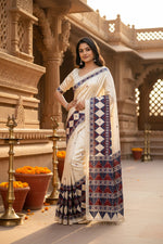 Load image into Gallery viewer, Soft Satin Ajarakh Printed Printed Silk With Unstitched Blouse(White)
