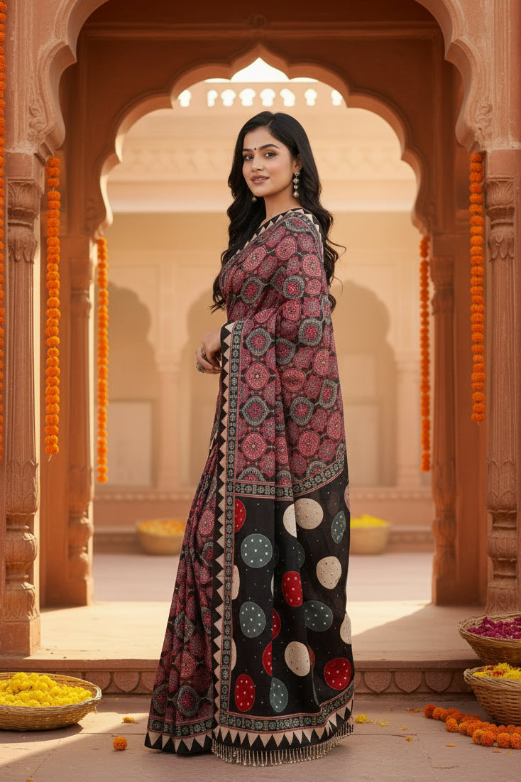 Soft satin ajarakh printed printed silk with unstitched blouse(salmon)