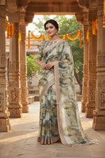 Load image into Gallery viewer, Cotton Digital Printed Saree With Unstitched Blouse(Jungle Green)