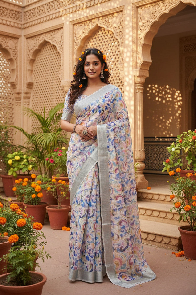 Cotton digital printed saree with unstitched blouse(white)