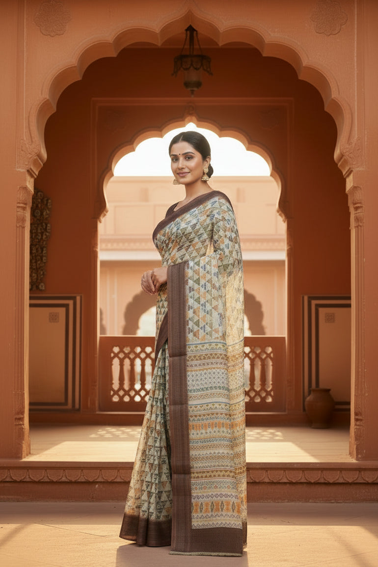 Cotton digital printed saree with unstitched blouse(cream)
