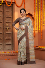 Load image into Gallery viewer, Cotton Digital Printed Saree With Unstitched Blouse(Cream)