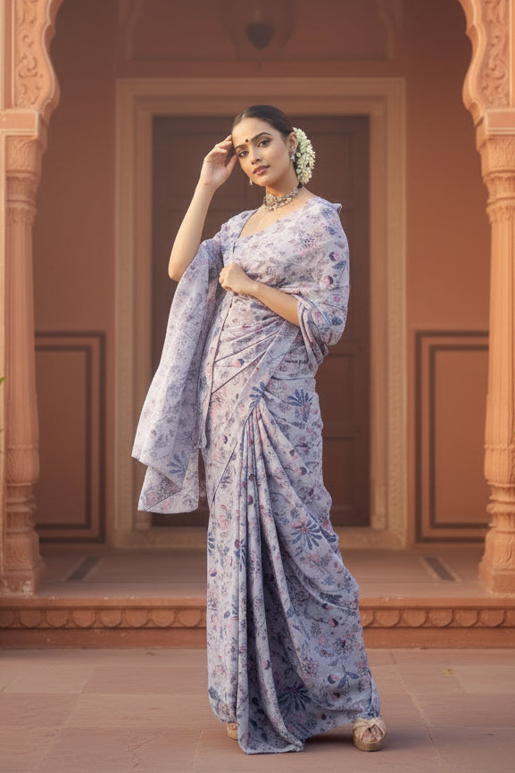 Designer satin mulberry silk printed sarees with unstitched blouse(lavender)