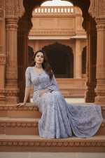 Load image into Gallery viewer, Designer Satin Mulberry Silk Printed Sarees With Unstitched Blouse(Lavender)