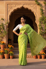 Load image into Gallery viewer, Satin Silk Printed Saree With Unstitched Blouse(Green)