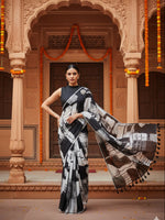 Load image into Gallery viewer, Fancy Designer Linen Marshmallow Digital Printed Saree With Unstitched Blouse (Black & White)