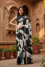 Load image into Gallery viewer, Fancy Designer Linen Marshmallow Digital Printed Saree With Unstitched Blouse (Black & White)