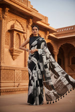 Load image into Gallery viewer, Fancy Designer Linen Marshmallow Digital Printed Saree With Unstitched Blouse (Black & White)