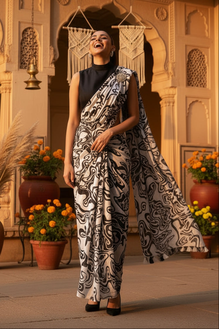 Fancy linen marshmallow digital printed saree with unstitched blouse (black & white)