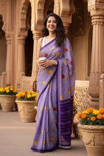 Load image into Gallery viewer, Soft Pure Mulmul Cotton Printed Saree With Unstitched Blouse(Purple)