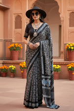Load image into Gallery viewer, Mulmul Cotton Batik Print Saree With Unstitched Blouse(Blue)