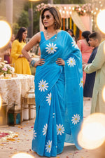 Load image into Gallery viewer, Mulmul Cotton Floral Printed Saree With Unstitched Blouse(Sky)
