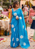 Load image into Gallery viewer, Mulmul Cotton Floral Printed Saree With Unstitched Blouse(Sky)