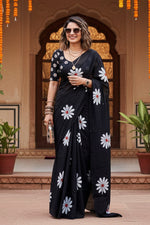 Load image into Gallery viewer, Mulmul Cotton Floral Printed Saree With Unstitched Blouse(Black)