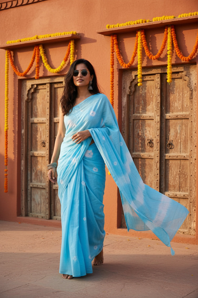 Mulmul cotton printed saree with unstitched blouse( blue)